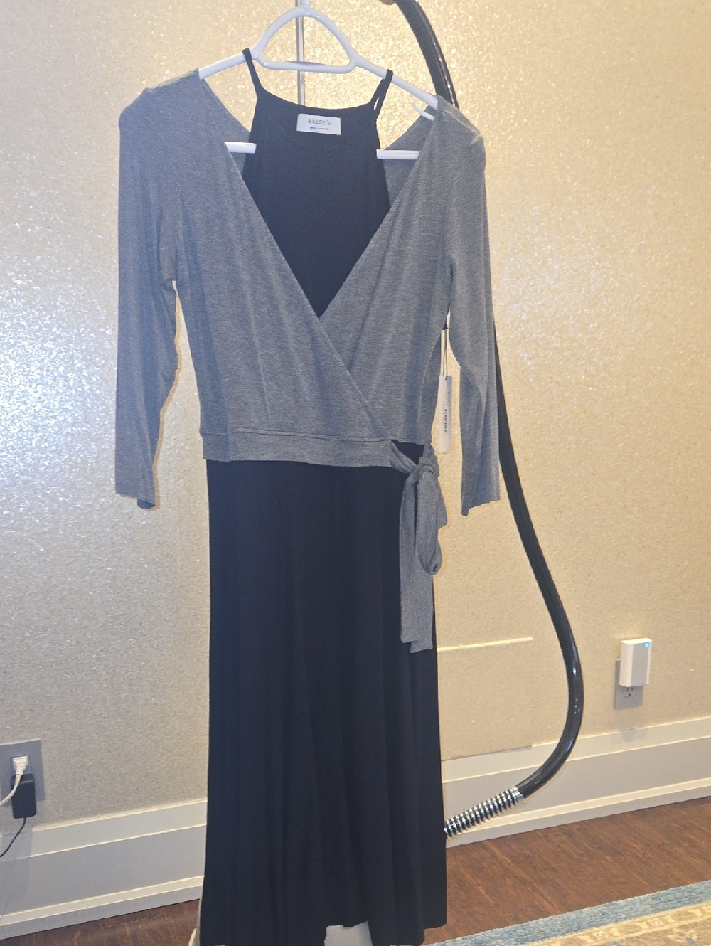 Bailey / 44 Wrap-Front Black Maxi Dress with Gray Overlay